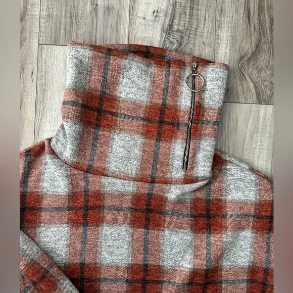 White Birch Plaid Cowl Neck Sweater Sweatshirt  Zip Detail Gray/OrangeSz L - Picture 6 of 7